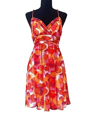 CITY TRIANGLES ~ Orange-Red Floral Spaghetti Strap Tie-Back Mini Dress